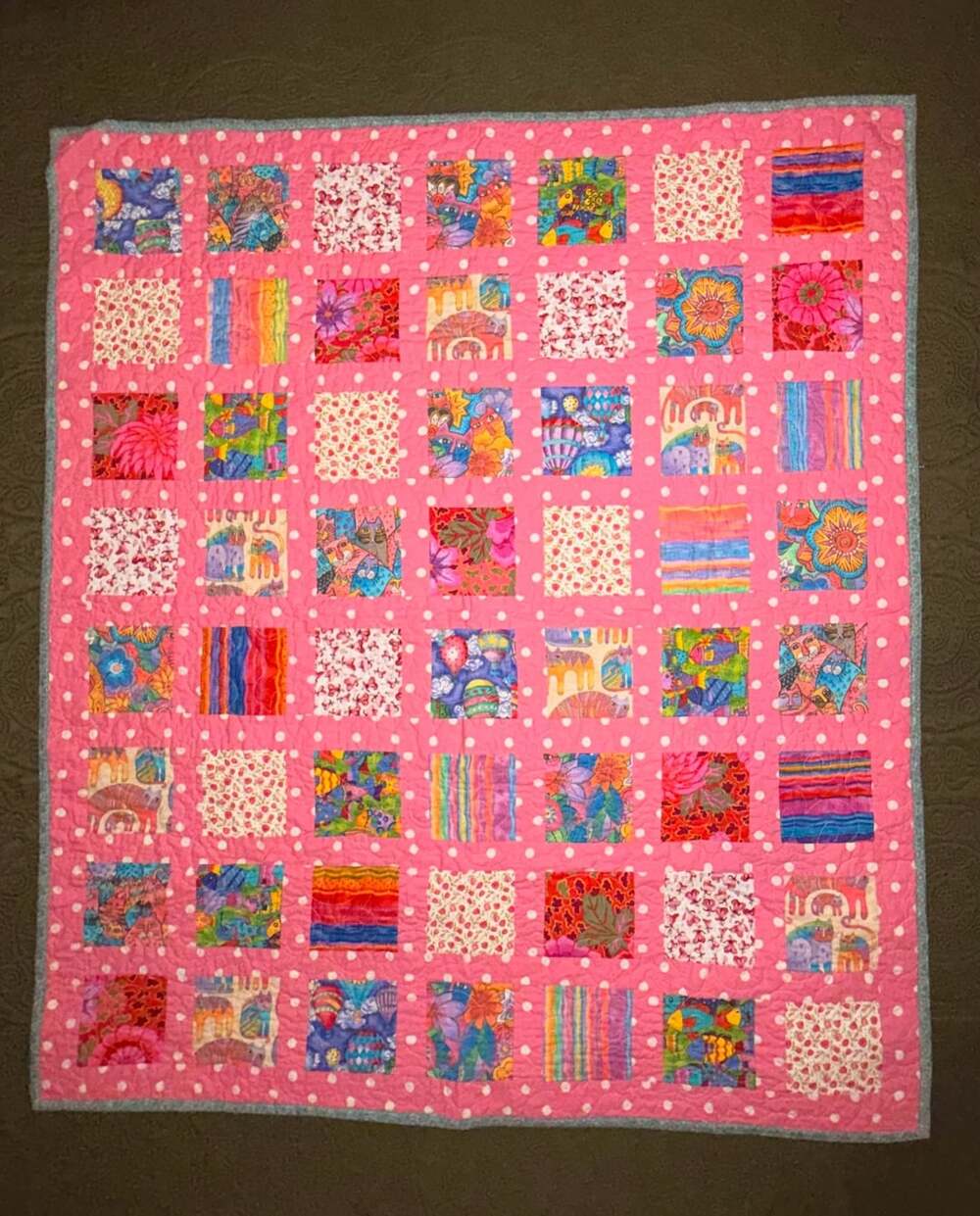 Handmade Kaffe Fassett Patchwork Quilt with Pink Polka Dot Sashing